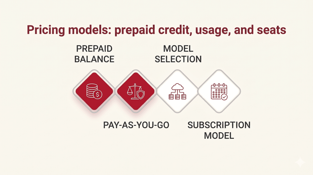 Pricing models: prepaid credit, usage, and seats
